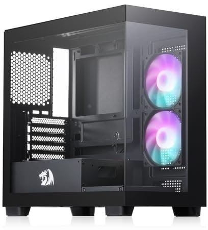 Redragon GC218M Gaming Back-Mounted PC Case, M-ATX Computer Chassis w/ 2 x 120mm Fans Pre-Installed & High Airflow Perforated Panels, 270° Full View, Easy Cable Management, Black