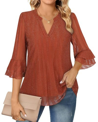 Akiooue Tops for Women Summer, Womens Tunic Tops 3/4 Ruffle Sleeve Tshirts Plus Size Ladies Tops and Blouses Loose Fit Business Casual Tops Spring Summer Office Work Clothes