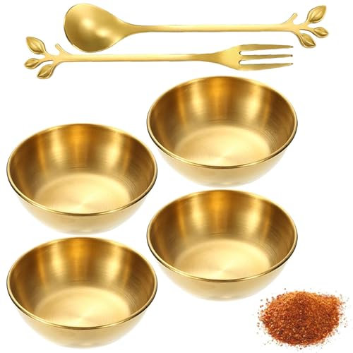 Bamyli 4 Pcs Dipping Bowls, 3.2 Inch Stainless Steel Dip Bowls, Sushi Dipping Bowls, Appetizer Serving Plates with 1 Spoon & 1 Fork for Kitchen Home Restaurant
