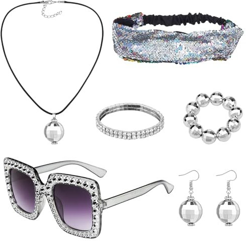 6 Stück Disco Zubehör, 70er Jahre Kostümzubehör Glitzer Haarreifen Sonnenbrille Strass Halskette Pailletten Ohrringe Armband 70er Jahre Damen Glitzerschmuck für Karneval Fasching