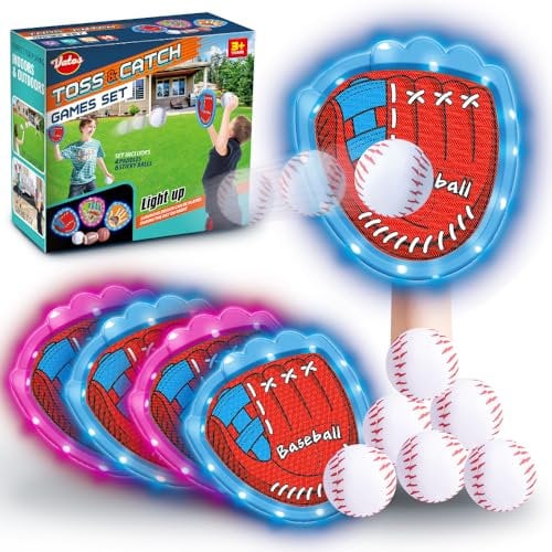 VATOS Toss Age 3+ and Catch Ball Game Set with Light, 4 Sticky Catchers & 6 Soft Baseballs Toy Set, Catching Throw Sports Toys Family Games Indoor Outdoor Gifts for 3 4 5 6 7 Kids Teens