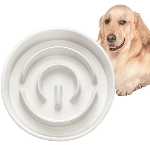 Ceramic Slow Feeder Dog Bowl for Medium and Large Breed, Dog Slow Feeder Bowl for Fast Eaters, Puzzle Dog Bowl to Slow Down Eating, 33oz, Ivory White