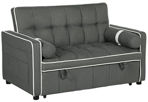 HOMCOM 2 Seater Sofa Bed, Click Clack Pull Out Sofa Bed with Adjustable Backrest and Pillows, 3-in-1 Modern Tufted Settee for Living Room, Bedroom, Guest Room, Charcoal Grey