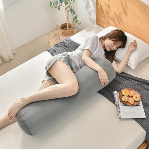 YOUGANG Langes Körperkissen für Erwachsene, Seitenschläfer, Schwangere, rundes Nackenrolle, ergonomisches Bettkissen für Kopf, Schulter, Knie, Beinstütze (Grau, 90 cm)