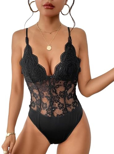 Everbellus Mujer Body Encaje Escote en V Profundo Tirantes Finos Ajustables
