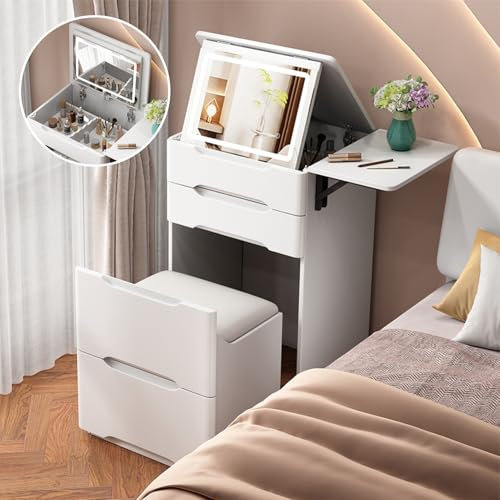 GOZYLA Schminktisch mit Beleuchtung Spiegel Schminken Dresser: Rollen Hocker Frisiertisch 3 in 1 Klein Vanity Desk Flip Top Aufklappbarem Mirror Holz Schmal Compact Dressing Table (Weiß, 50x40x82 cm)