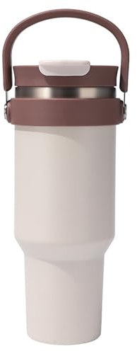 Oyadomi Thermobecher mit Strohhalm und Henkel 1.2L Trinkflasche Edelstahl Thermosflasche BPA Frei Trinkbecher Auslaufsicherer Kaffeebecher to Go, Beige, 1200 ml