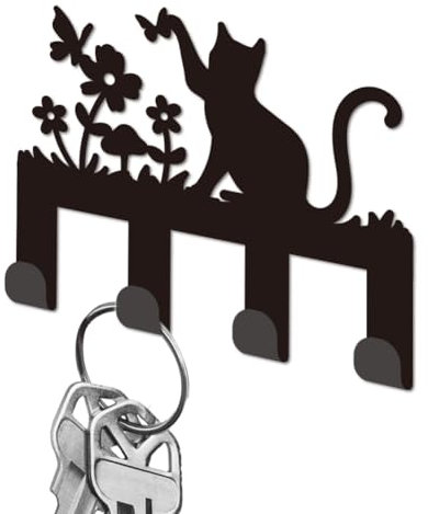 DELORIGIN Key Holder for Wall, Mini Black Iron Key Hooks Wall Mounted Cat Flowers Key Rack with 4 Hooks, Small Key Hangers House Key Holder for Keys Bag Dog Leash Storage Wall Decorative Entryway