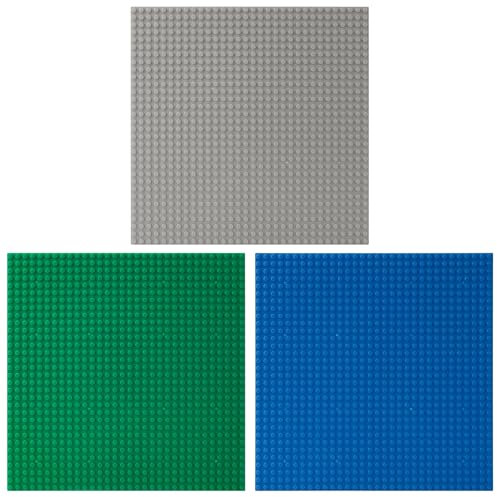 ODDMUCK Paquete de 3 placas base de plástico, 10 x 10 pulgadas, zócalo clásico de ladrillo de construcción en azul, verde, gris, compatible con todas las principales marcas y placa base de mesa de