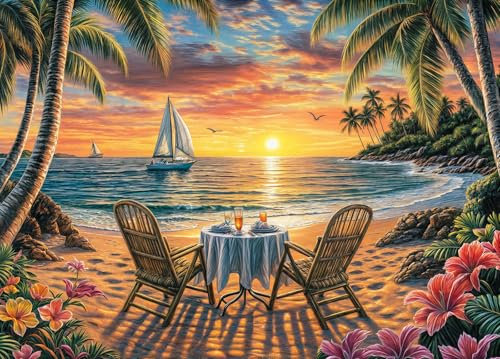 Beach Dinner Jigsaw Puzzles for Adults 1000 Jigsaws Sailboat Palm Trees Flowers 1000 Piece Jigsaw Puzzles for Adults
