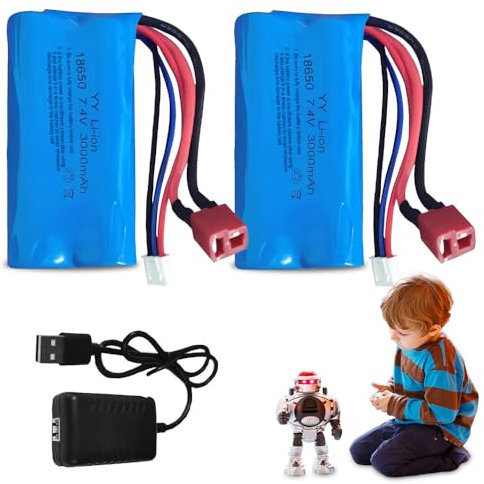 HOVCEH 2 Pcs 7.4 V Li-ion Battery, Rechargeable Lithium Lonen Batterien, 7.4V 3000-mAh Lithium-Ionen Akku, Li-Ionen-Akku für RC Fahrzeuge,Panzer,Auto,Roboter,Stunt Car