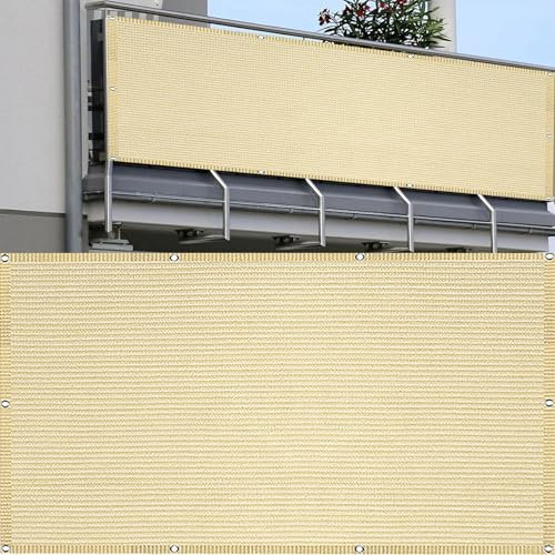 Balkonbespannung 70 x 230 cm Balkon Sichtschutz Wetterfest Blickdichte Uv-Schutz Atmungsaktiv balkonabdeckung sichtschutz Mit Ösen, Nylon Kabelbinder Und Kordel Für Terrasse, Garten, Creme Farben