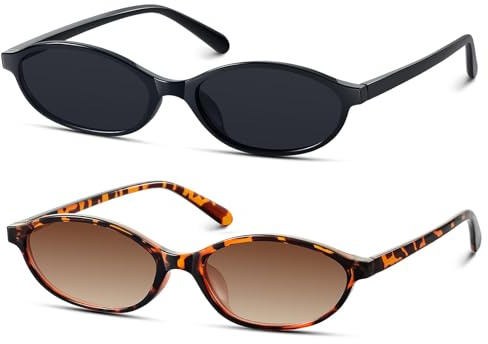 deegbbyi 2 Stück 90er Retro Ovale Sonnenbrille, Classic leicht UV400 Schutz | Schmale Sonnenbrille Damen, Katzenauge Sonnenbrillen, Geeignet für Frauen Sonnenschutz, Reisen, Radfahren