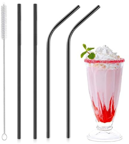 4 x Metal Stainless Steel Reusable Drinking Straws Eco Friendly + Cleaning Brush Party Summer Use Birthday Smoothie Milk Shake Water Juice Silver Bent & Straight Straws UK Free P&P (Black)