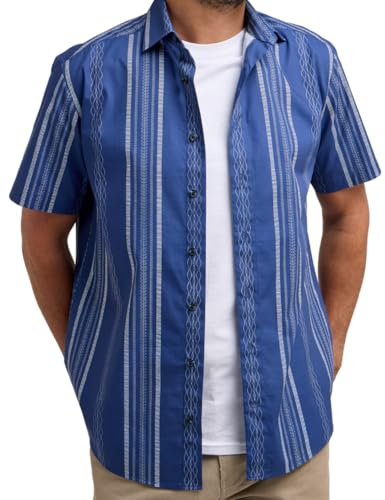 Double TWO Men's Short Sleeve Shirt Cotton Classic Fit Geometric Stripe Print Shirt | Navy | 2XL