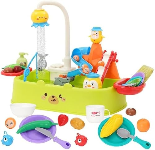 Play Sink with Running Water For Toddlers,Mini Pretend Kitchen Toys for Kids with Automatic Water Cycle System,Tableware Accessories,Vegetable,Fruit,Track,Pretend Role Dishwasher,Gifts for Boys Girls