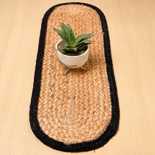 CHARDIN HOME Verona Oval Woven Jute & Cotton Braided Table Runner, Size -8 x 24 Inches, Color - Natural Jute with Black Border