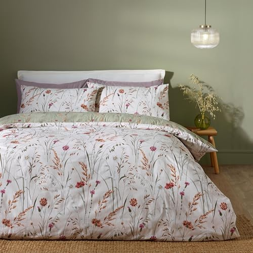 Catherine Lansfield Brushed Cotton Grasmere Floral Reversible Super King Duvet Cover Set with Pillowcases Green