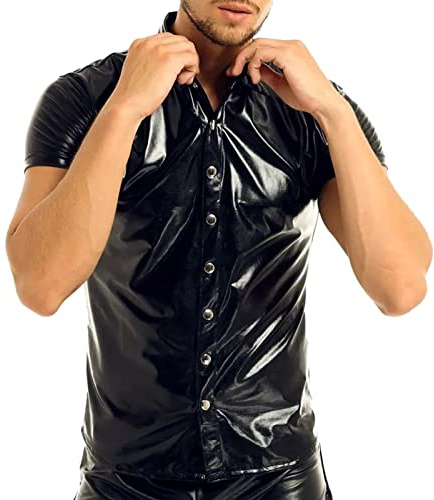 RUMAOZIA Men's Lacquer Look Jacket Short Coat Wetlook Tops Men Faux Leather Shirt T-Shirt Slim Fit Latex Shiny Tops Party Outwear Patent Look Tops Short Sleeve Shirts Faux Leather Jacket