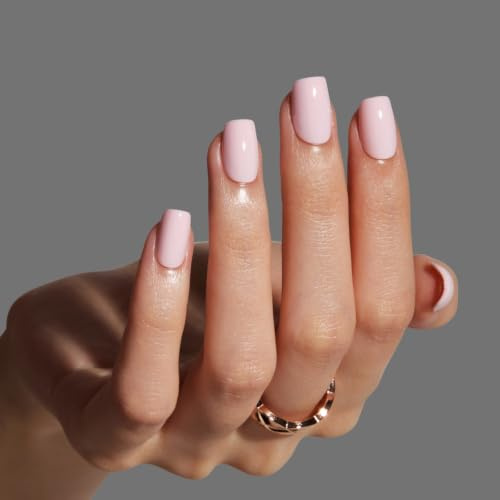 LAMIMOSA 32Pcs Press On Nails Short Square – Pastel Baby Pink False Nails with Glue, Soft Gel Stick On Nails kit in 16 Sizes, Reusable Fake Nails, Pale Pink Glue On Nails, ROSE WATER