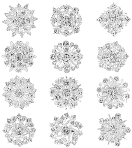 12 Stücke Silberne Strass Broschen Kit Brosche Klein Silber Brosche Ausschnitt Verkleinern Kristall Blume Broschen Pins Weihnachtskostüm Dekoration für Braut,Brautjungfer,Hochzeit,Corsage,Kleid