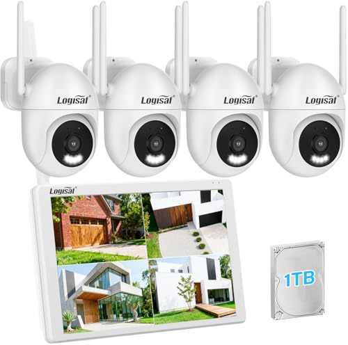 Logisaf PTZ Kit Camera Surveillance avec 10'' Moniteur, 5MP 10CH WiFi NVR | 4 Pcs 360° PTZCaméra avec Enregistrement 24/7, Vision Nocturne Couleur, Suivi Automatique, Détection Humaine, 1TB