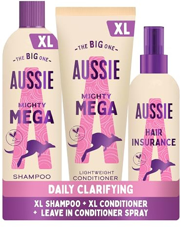 Aussie Mighty Mega Shampoo & Conditioner Set, & Detangling Leave in Spray | Moisturises Dry Hair without Weigh Wown, Helps Detangle & Protect Hair from Damage. Infused with Australian Strawberry