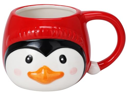 MIJOMA Tasse de Noël - 370 ml - En dolomite - Design festif 3D - Avec anse rouge - Tasse de Noël pour cacao et café (pingouin)