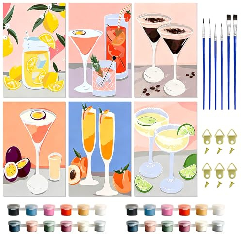 TAIVIN Malen nach Zahlen Set Cocktailgläser 6 Bilder–Erwachsene | Anfänger Komplettset–Leinwände,Pinsel,Acrylfarben inkl–20x30 cm–Geschenkbox (Farbe 2)