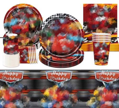 51pcs Car Birthday Decorations, Auto Birthday Decorations Include Plates Napkins Tablecloths Paper Cups for Kids Children Car Theme Birthday Party for 10 Guests