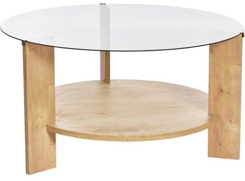 HOMIFAB Table Basse Ronde Effet Chêne et Verre fumé Ø75 cm - Elora