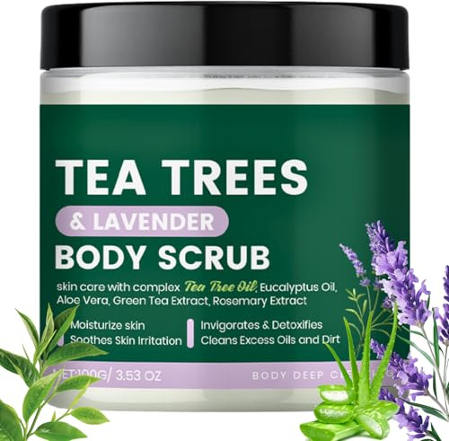 Tea Tree Oil Body & Foot Scrub, Exfoliating Body Scrub with Lavender & Aloe, Salt Scrub Body Exfoliator, Natural Exfoliator for Men & Women, Moisturizes, Removes Dead Skin, Rough Patches