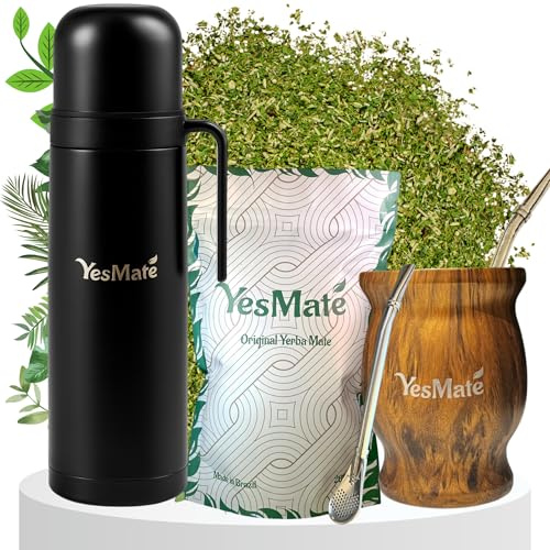 YesMate Yerba Mate Set - Tea Bundle 1L Insulated Thermos, Stainless Steel Mate Cup & Filter Straw + 200g Brazilian Mate Leaves – Natural Coffee Alternative, Vegan & Gluten Free