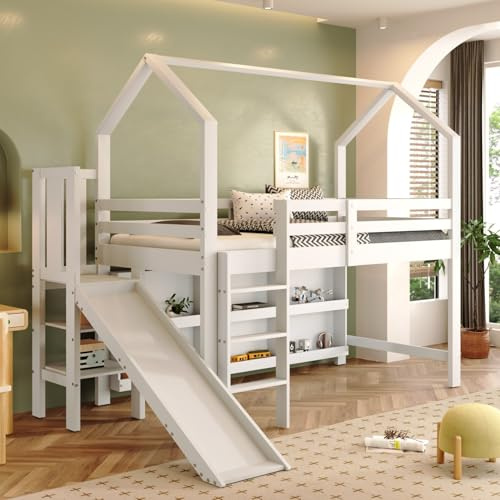 PUGSDRLY Lit Mezzanine 1 Place 90x200cm,Lit Cabane 90x200cm avec Toboggan,2 Étagères,6 Compartiments de Rangement,Barrière Haute,pour Garçons Filles(E-Blanc, 90x200)