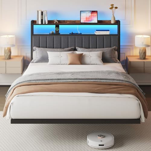 IRONCK Polsterbett 140x200 mit Ladestation und LED Beleuchtung | Schwebebett mit USB, Leinen-Kopfteil gepolstert, Stauraum, 2 offenen Regalen, Jugendbett mit Komfort und Design, Dunkelgrau