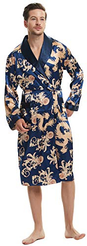 Haseil Herren Satin Robe Dragon Luxuriöse Seide Spa Langarm Haus Kimono Bademantel, Königsblau, Medium