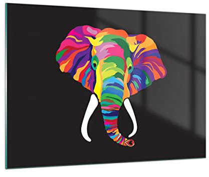 Moderne Impression sur Verre 100x70cm Image Tableau en Verre Decoration Murale Éléphant amusement coloré animal Grand Tableaux Decoratifs Muraux Chambre Horizontal Deco Cadre Salon Art GAA100x70-2928