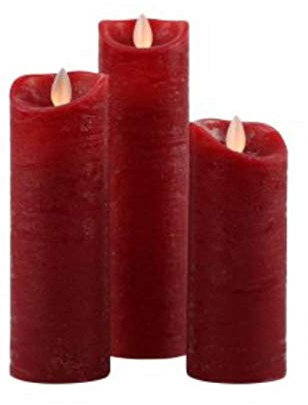 peha Magic Candle 3er LED Echtwachskerzen Set FB Timer Dimmer Flackermodus ca. 12,3/14,7/17,3 cm hoch, ca. 5 cm im Durchmesser (Weinrot)