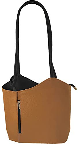 Freyday 2 in 1 Handtasche-Rucksack Henkeltasche aus Echtleder in versch. Designs HR03 (Glattleder Cognac-Schwarz)