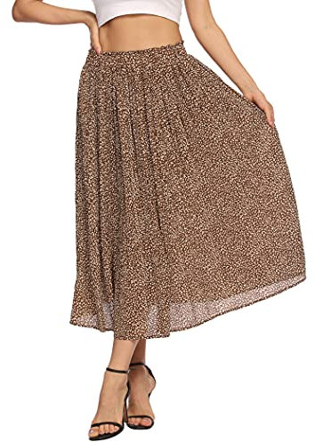 Parabler Damen Chiffon Maxirock Boho Plissee Retro Langer Sommerrock Gelb Faltenrock Strandrock Elastische Taille Tanzrock