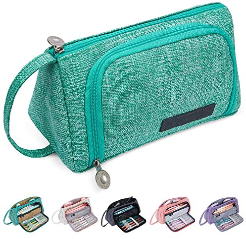 KUNQUN Großes Federmäppchen, 2 Fach Mäppchen Federmappe mit Tragegriff, Tragbare Büro Schreibwaren Organizer Stift Etui Niedliche Federtasche für Schule Büro Mädchen Damen (Grün)