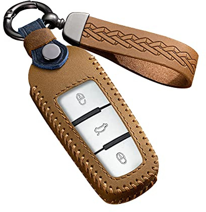 ontto Autoschlüssel Hülle Schlüsselcover Passt für VW Passat B6 B7 3C B7 Magotan CC (nur Keyless) Fernbedienung Schlüsselanhänger Leder Schlüsseletui Schutzhülle 3 Tasten AutoZubehör -A Braun