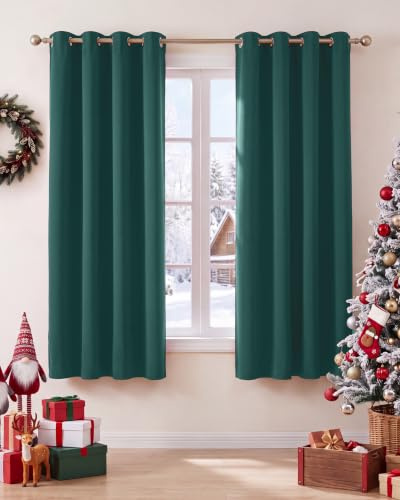 PONY DANCE Christmas Blackout Curtains, Dark Green, 2 Panels, 46 x 60 Inch | Eyelet Thermal Insulated 60 Inch Drop Curtains for Bedroom, Energy Saving & Room Darkening Drapes for Living Room or Kitchen