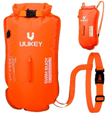 Ulikey Schwimmboje, 2 in1 Wasserdichter Trockensack und Swimming Buoy, 28L Schwimm Boje Aufblasbar für Triathlon Swim Boje und Erwachsene Freiwasserschwimmen, Surfer, Schwimmen, Schnorchler (Orange)
