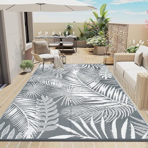 Enyhom Outdoor Teppich Wetterfest Kunststoff Groß 180 x 270 cm RV Camping Außenteppich Wendbarer Outdoorteppich mit Blatt Balkon Garten Teppich Terrassenteppich für Strand, Patio, BBQ, Leaf-Grey