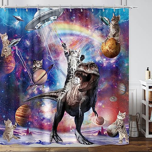 Lustiger Katzen-Duschvorhang, coole Katze, reitender Dinosaurier auf Fantasie-Universum, Galaxie, Weltraum, wasserdichtes Stoff-Duschvorhang-Set mit Haken, 183x183 cm