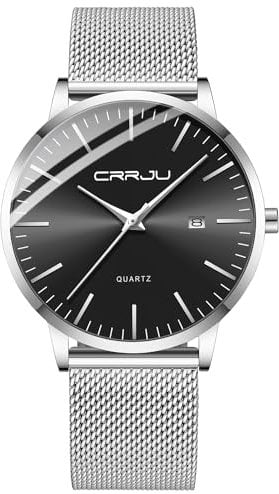 CRRJU Herren Uhr Ultra Dünne Wasserdicht Armbanduhr Herren Mode mit Schwarz Edelstahlband Mesh Analog Quarz Business Männer Uhren (Silber Schwarz)
