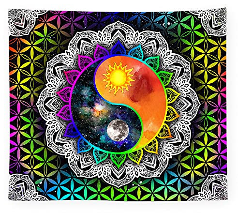 Ulticool – Mandala Yin Yang - Glow in the Dark Wandteppich - Schwarzlicht under UV Reaktive Bright Black Neon Light - Blacklight Psychedelisch im Dunkeln Leuchtende Wandtuch - 200 x 150 cm