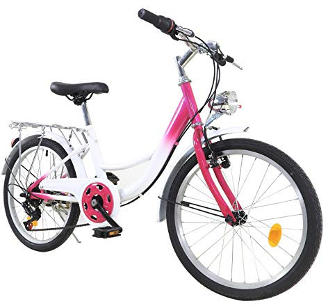 LUNICASHA Kinderfahrrad 20 Zoll 6-Gang Jungen Mädchen Fahrrad 20'' Freestyle Kinder Fahrrad mit Regal Kinderfahrräder Citybike Rosa