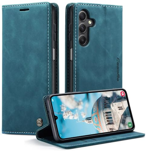 Casecret Coque pour Samsung Galaxy A24 4G Etui Housse Premium en Cuir avec Magnetique Protection Pochette Porte Cartes Portefeuille Mince Wallet Rabat Clapet Case Étui pour Samsung A24 4G - Bleu Vert